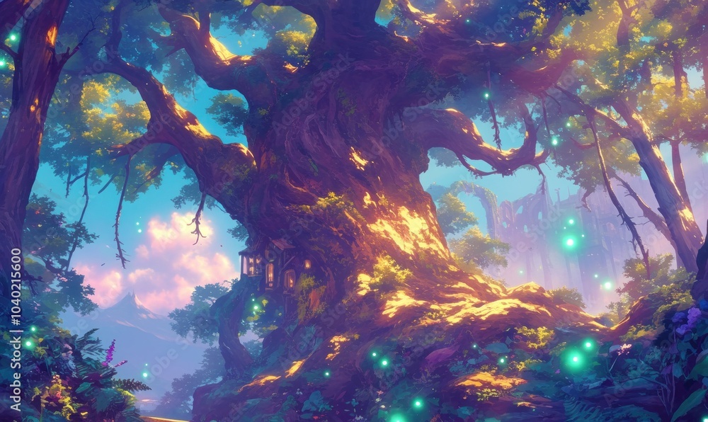 Obraz premium Enchanting Tree with Glowing Orbs and Mystical House