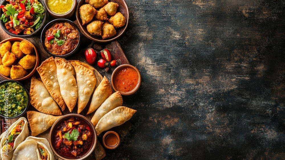 Colorful array of festival food like empanadas and samosas on a rustic surface with room for text or branding Colorful array of festival food like empanadas and samosas on a rustic surface with room for text or branding