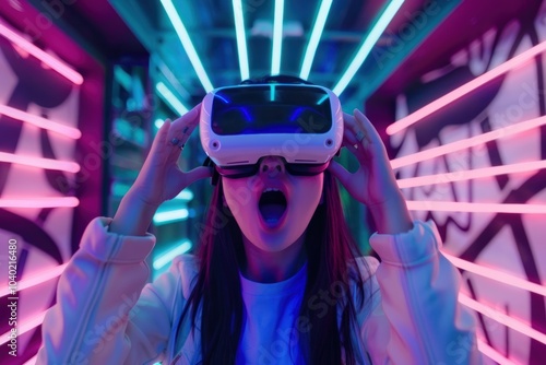 Asian woman in a VR headset vr headset surprised performer. photo