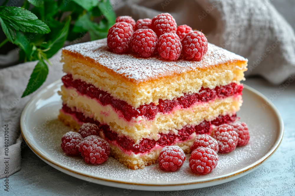 Honey cake with raspberries on wooden table, Medovik Honey cake with raspberries on wooden table, Medovik