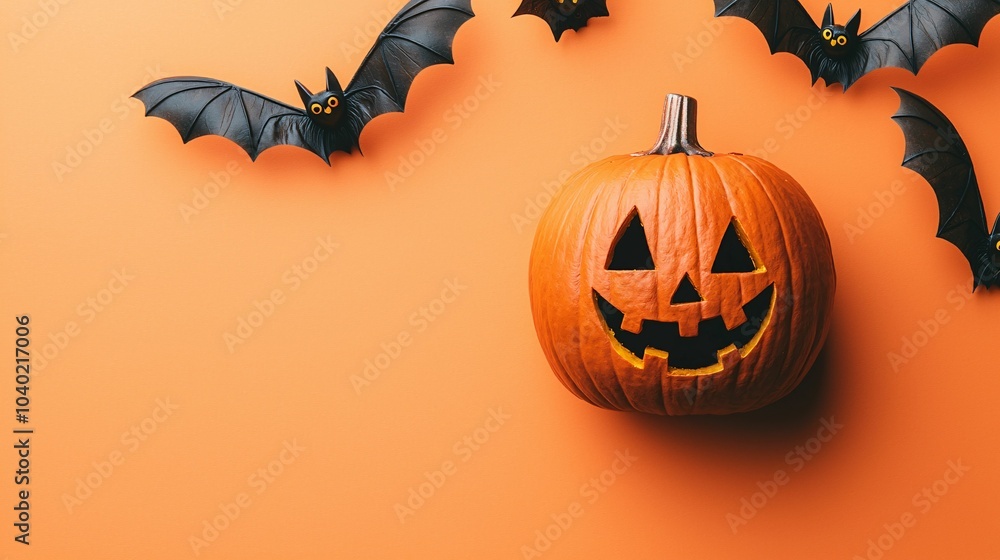 A carved Halloween pumpkin with a smiling face sits against an orange background, surrounded by decorative bats. A carved Halloween pumpkin with a smiling face sits against an orange background, surrounded by decorative bats.