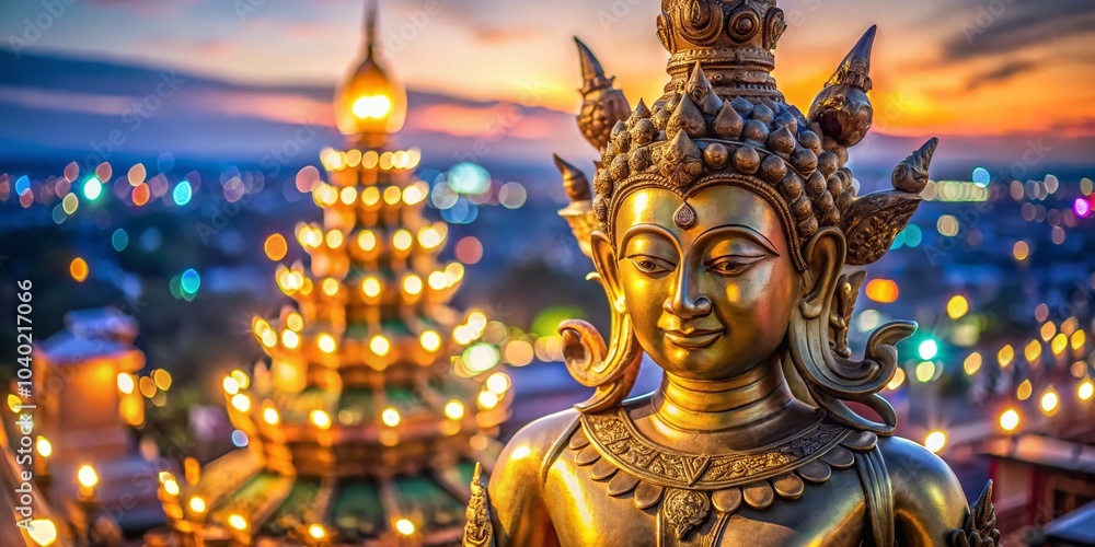 Fototapeta premium Revered Four-Faced Brahma Statue at Bang Yai Temple, Nonthaburi, Thailand - Bokeh Effect