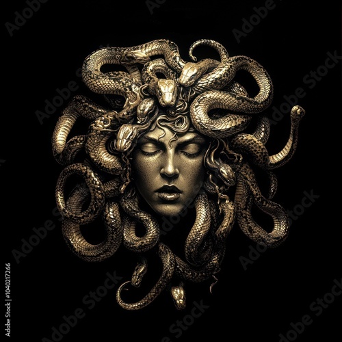 Golden Mythical Medusa with Enrapturing Snake Hair