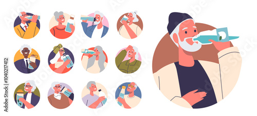 Set of Round Vector Avatars of Diverse Senior People Enjoying Refreshing Beverages Showing Lifestyle And Wellbeing