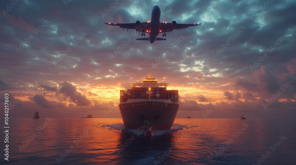 large container ship sails into port as airplane flies overhead during stunning sunset, creating dramatic scene filled with vibrant colors and reflections on water large container ship sails into port as airplane flies overhead during stunning sunset, creating dramatic scene filled with vibrant colors and reflections on water