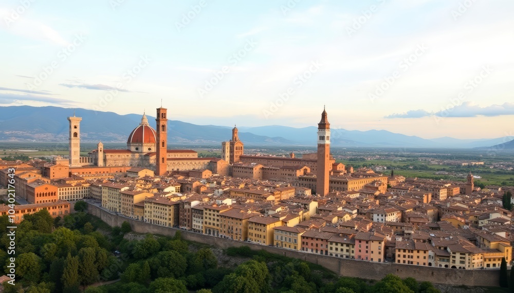  Vibrant cityscape at sunrise with historic architecture and lush greenery