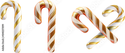 Golden and white striped 3d candy canes in a festive design. Shiny, decorative holiday candies add a joyful and luxurious touch to any seasonal project or celebration theme. Perfect for Christmas