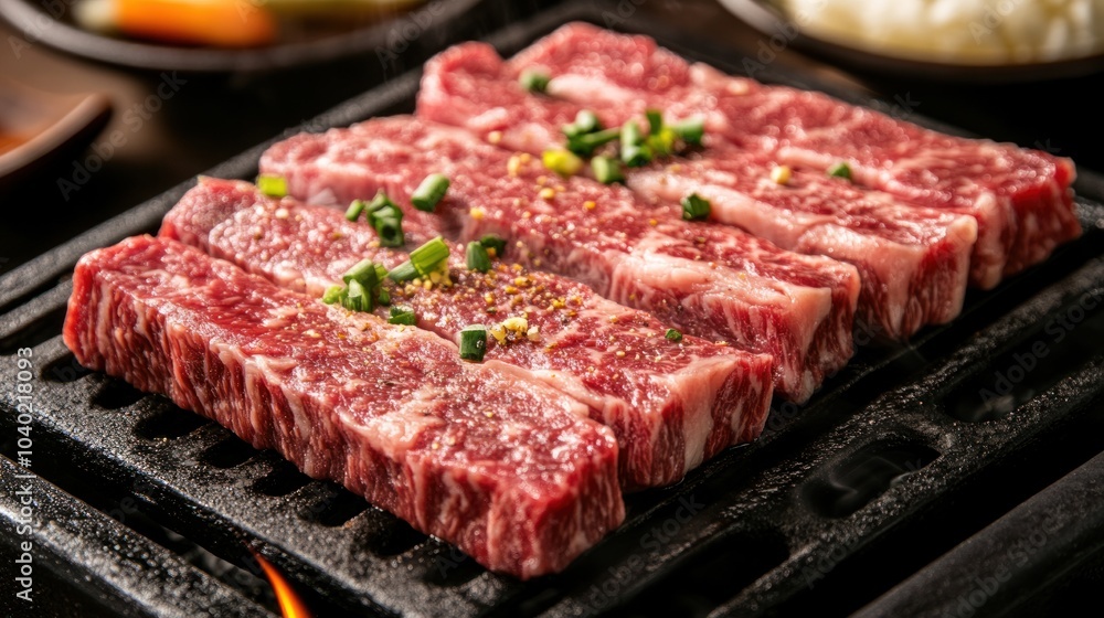 Wagyu beef cooking on a flat iron grill, showcasing the sizzling fat Wagyu beef cooking on a flat iron grill, showcasing the sizzling fat