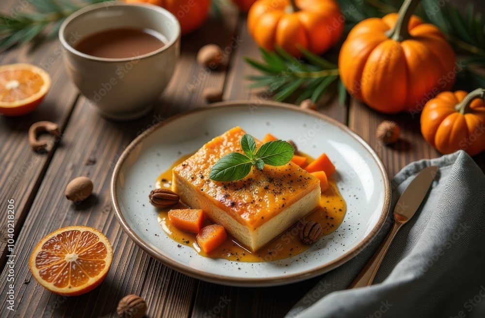 Cheesecake, thanksgiving dessert table layout with hot drink, pumpkins, oranges and nutmeg Cheesecake, thanksgiving dessert table layout with hot drink, pumpkins, oranges and nutmeg