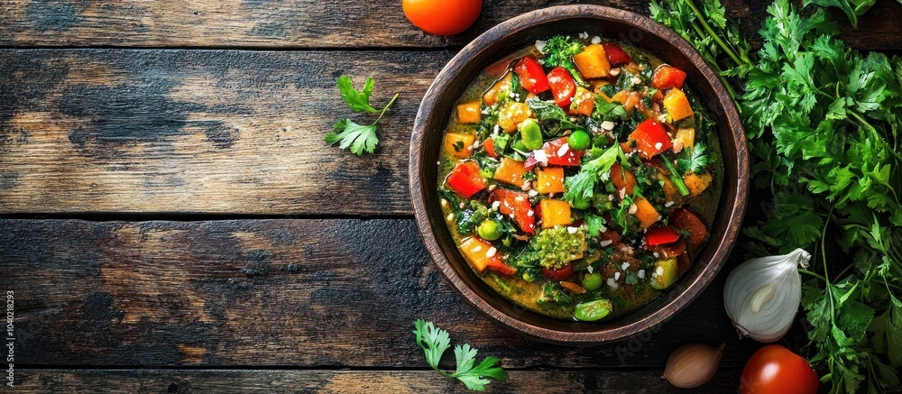 Top view of a bowl of colorful vegetables and greens on a rustic wooden background. Top view of a bowl of colorful vegetables and greens on a rustic wooden background.