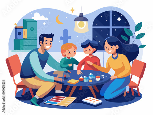 Family enjoying a creative art activity at home during the evening around a table with colorful supplies
