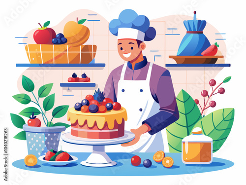 A cheerful baker decorates a vibrant fruit-topped cake in a colorful kitchen filled with fresh produce and baking supplies