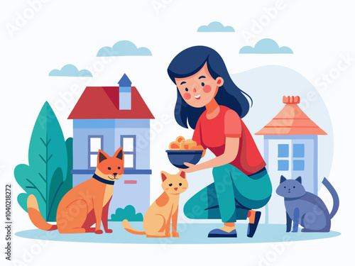 A person feeding three cats outside colorful houses in a peaceful neighborhood on a sunny day