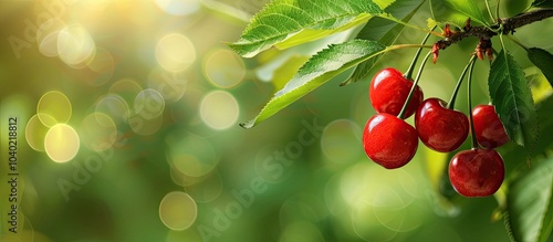 Vibrant red cherry on a healthy green branch creating a beautiful contrast with a blank space for text or image placement. Copy space image. Place for adding text and design