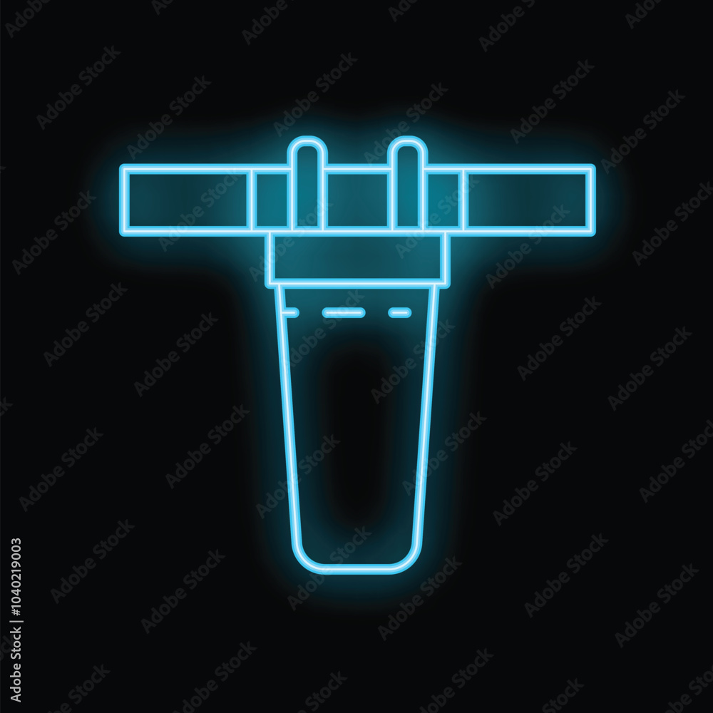 Neon blue icon of a water well drilling rig operating at night, isolated on black background Neon blue icon of a water well drilling rig operating at night, isolated on black background
