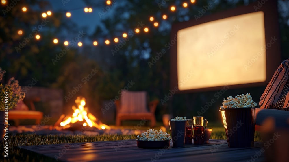 Outdoor Movie Night Setup with Projector and Cozy Seating Area Outdoor Movie Night Setup with Projector and Cozy Seating Area