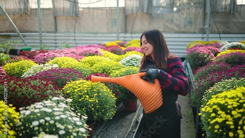 Smiling attractive woman, female gardener with a watering can, watering colorful blooming chrysanthemums on a rack in the greenhouse