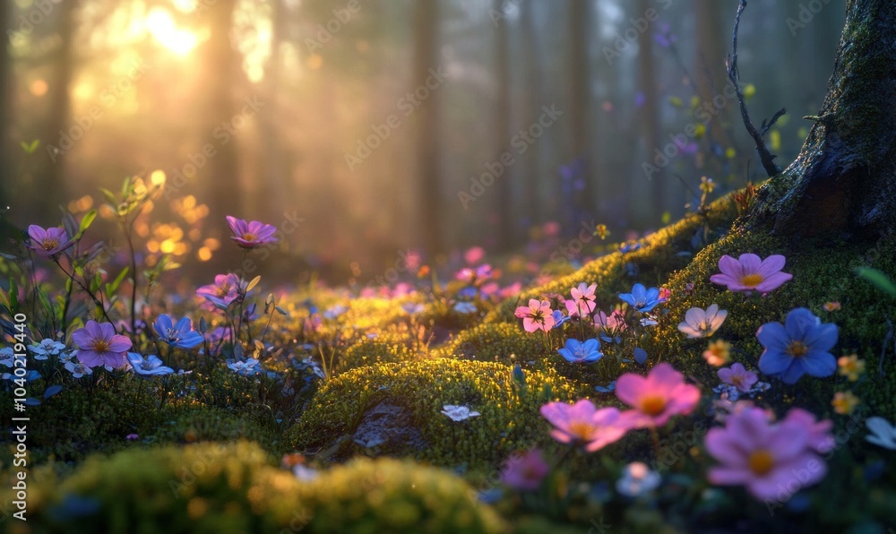 Obraz premium Enchanted Forest with Colorful Wildflowers at Sunrise