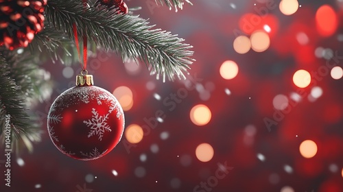 Festive Background with Hanging Red Christmas Ornaments and Bokeh Lights