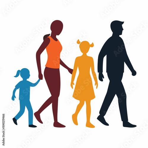 Family walking silhouette vector illustration on white background