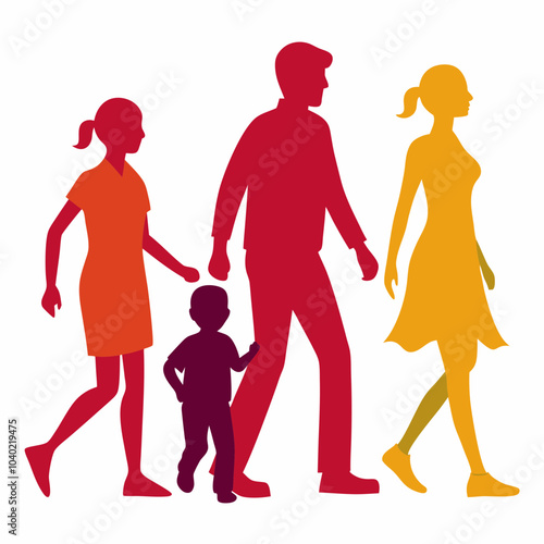 Family walking silhouette vector illustration on white background