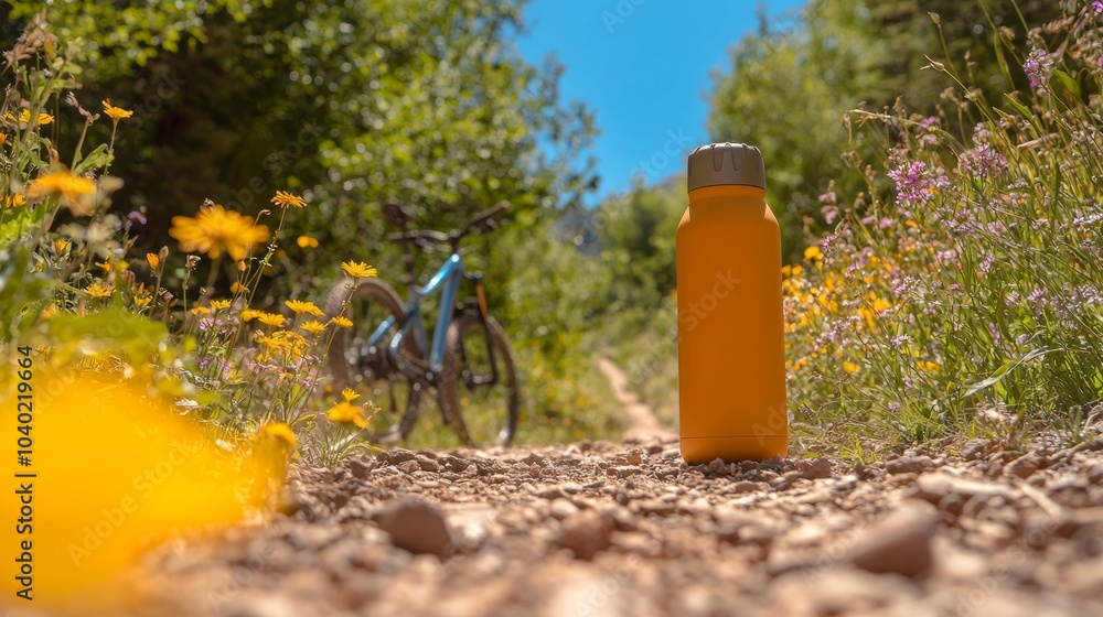 Energize Your Adventure - Sporty Orange Thermo Water Bottle by Mountain Bike on Wildflower Trail. Ultra-Detailed Outdoor Activity Promotion. Energize Your Adventure - Sporty Orange Thermo Water Bottle by Mountain Bike on Wildflower Trail. Ultra-Detailed Outdoor Activity Promotion.
