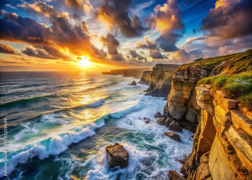 Rocky Coastal Cliffs at Sunrise - Rugged Landscape and Ocean View for Natural Beauty Wallpaper Rocky Coastal Cliffs at Sunrise - Rugged Landscape and Ocean View for Natural Beauty Wallpaper