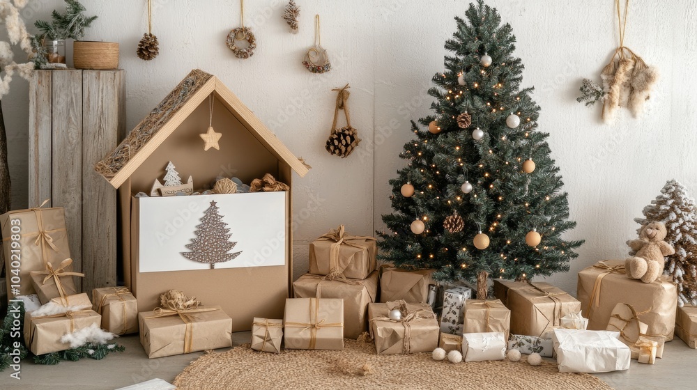 Obraz premium Christmas decoration with ecological gifts next to a tree