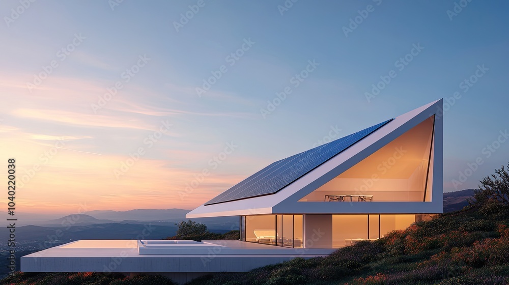 Modern Minimalist Home with Solar Panels at Sunset Modern Minimalist Home with Solar Panels at Sunset
