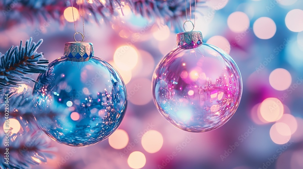 Fototapeta premium Transparent Christmas Baubles in Pink and Blue with Bokeh Lights