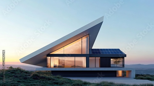 Minimalist Home with Solar Panels at Sunset