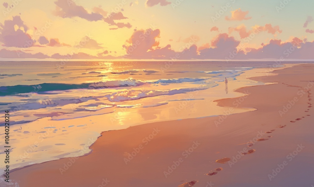 Fototapeta premium Tranquil Beach Sunset with Reflection and Footprints