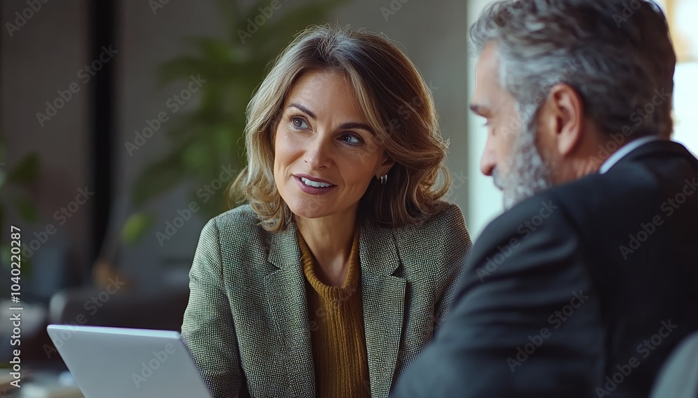Two Busy Happy Professionals Having a Meeting in Modern Office Setting Two Busy Happy Professionals Having a Meeting in Modern Office Setting