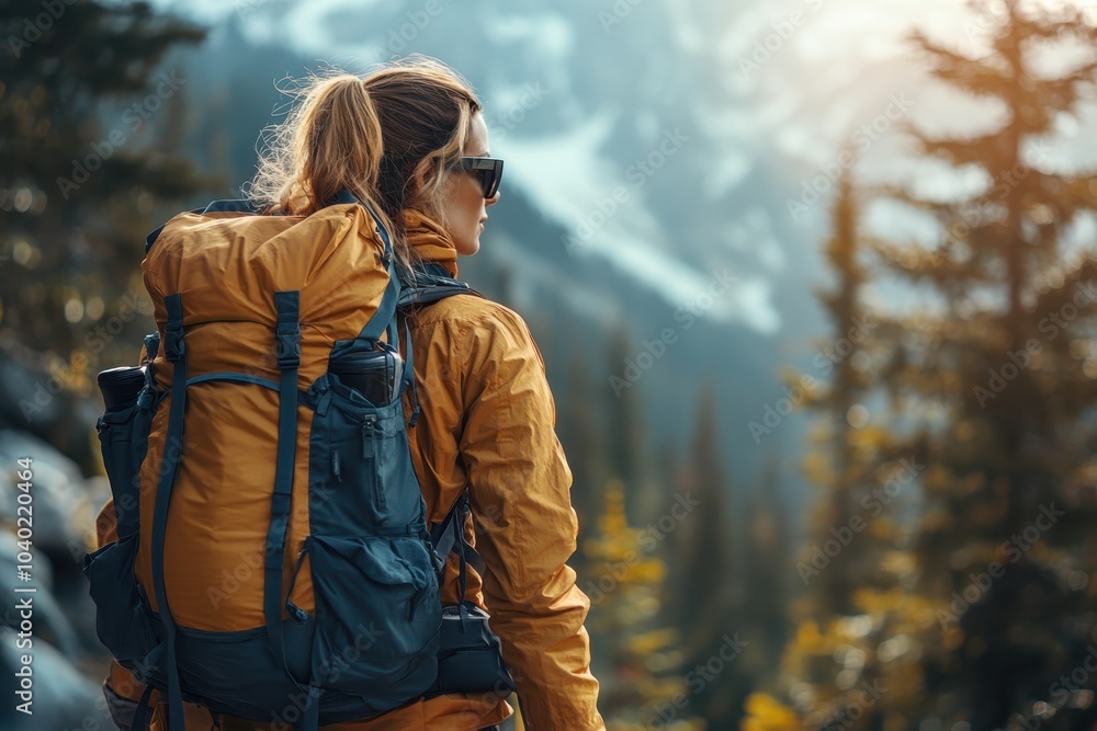A woman hiking through a mountainous landscape during a sunny day in the wilderness A woman hiking through a mountainous landscape during a sunny day in the wilderness