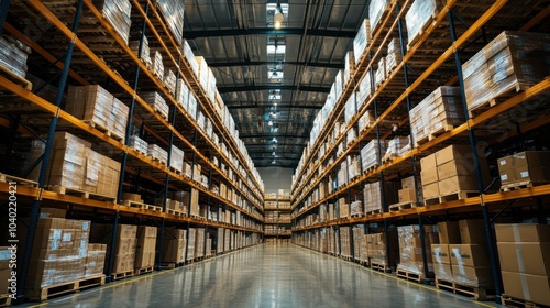 Rows of fully stocked warehouse shelves with open floor space, showcasing efficient warehouse management, with clear copy space at the top of the image for text or graphics