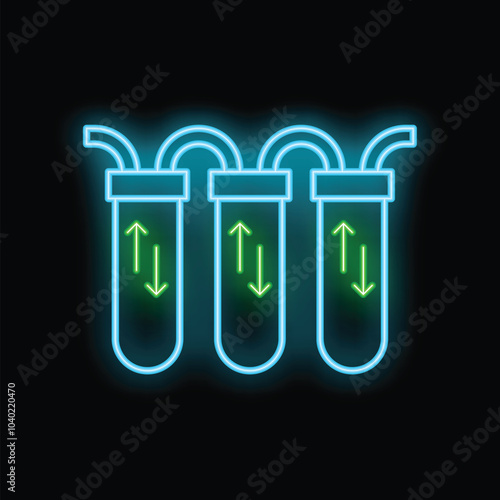 Glowing neon icon of water filters showing water purification process with arrows