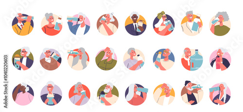 Set of Round Icons or Avatars of Diverse Elderly People Enjoying Refreshing Drinks and Water Throughout The Day