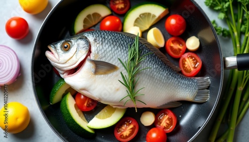  Freshly cooked fish with vibrant vegetables ready to serve