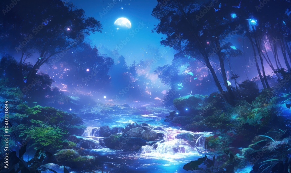 Obraz premium Enchanted Night Forest with Glowing River