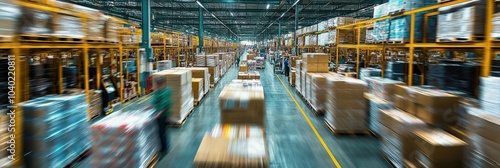 A wide-angle view of a bustling warehouse, workers in motion organizing goods, with open copy space along the aisle and walls for text or design elements