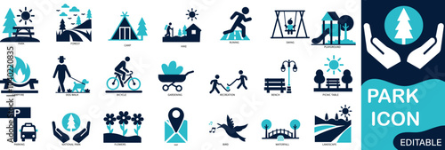 park icon set featuring forest, barbecue, camp, bench, picnic, and playground symbols for leisure, outdoor activities, and nature design projects
