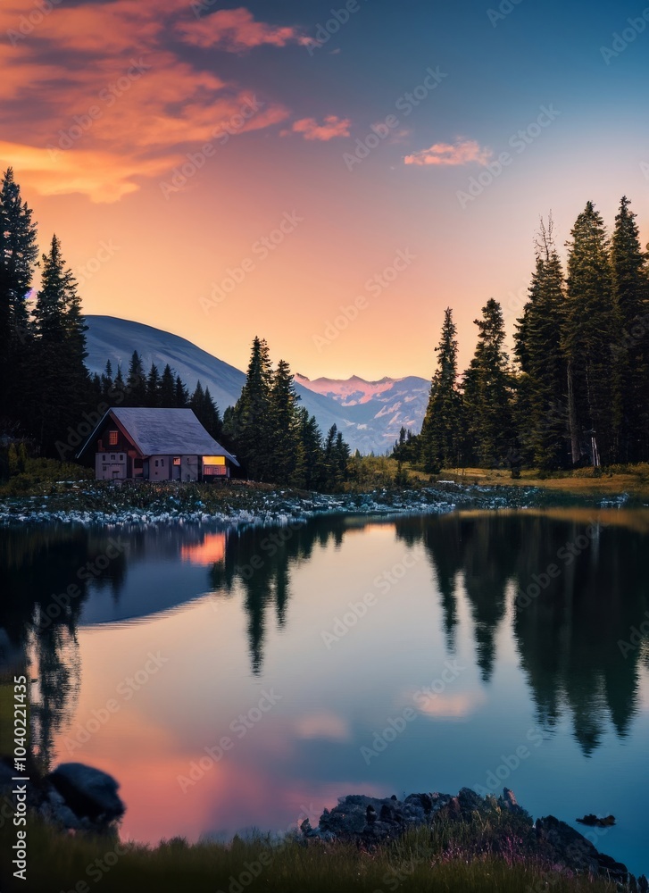 Generated image that sunset over the lake in the mountains Generated image that sunset over the lake in the mountains