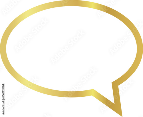 3x2 aspect ratio gold metallic speech bubble with oval shape. Blank outline dialogue box with sharp, downward-pointing triangular tail on the right on transparent background.