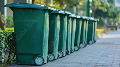 Green Recycling Bins Lined Up on Sidewalk