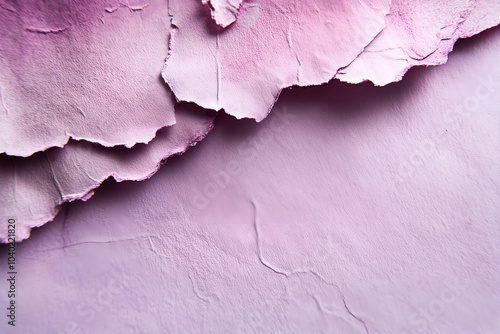 Detailed close-up of a torn pink paper texture with multiple layers. Rugged edges and soft, pastel tones, providing a unique background or design element. Paper or cardboard background. Torn texture photo