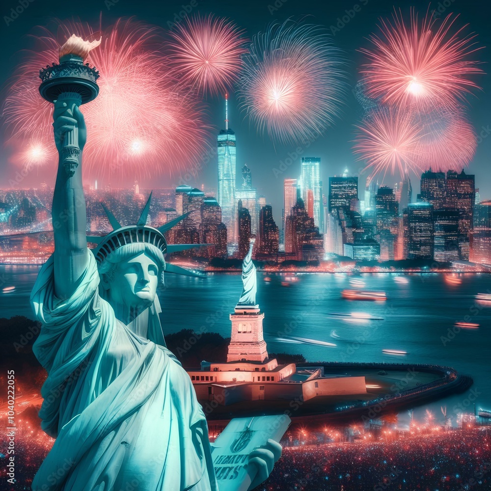 Fototapeta premium The Statue of Liberty with blurred background of cityscape with beautiful fireworks at night, Manhattan, New York City, USA.