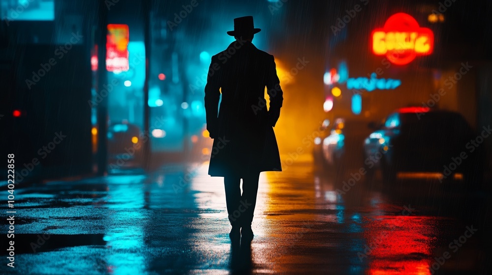 Male Detective in Film Noir Style Standing in Night City with Blurred Lights Male Detective in Film Noir Style Standing in Night City with Blurred Lights