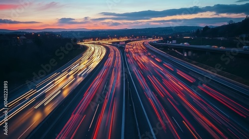 Timelapse Photo of a Busy Freeway Interchange with Flowing Traffic Lights at Dusk