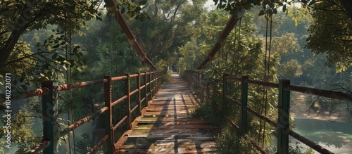 A rusty suspension bridge in disrepair is overtaken by trees with a river visible in the background in the copy space image photo