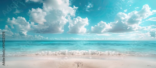 Fototapeta Naklejka Na Ścianę i Meble -  A serene seaside scene with pristine white sand a sparkling turquoise sea and a clear blue sky dotted with fluffy clouds ideal for a summer background and vacation theme sstkSummer copy space image